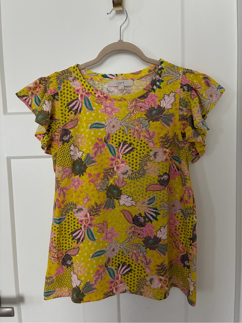 LOFT Yellow Floral Flutter Sleeve Top with Pink & Green Accents